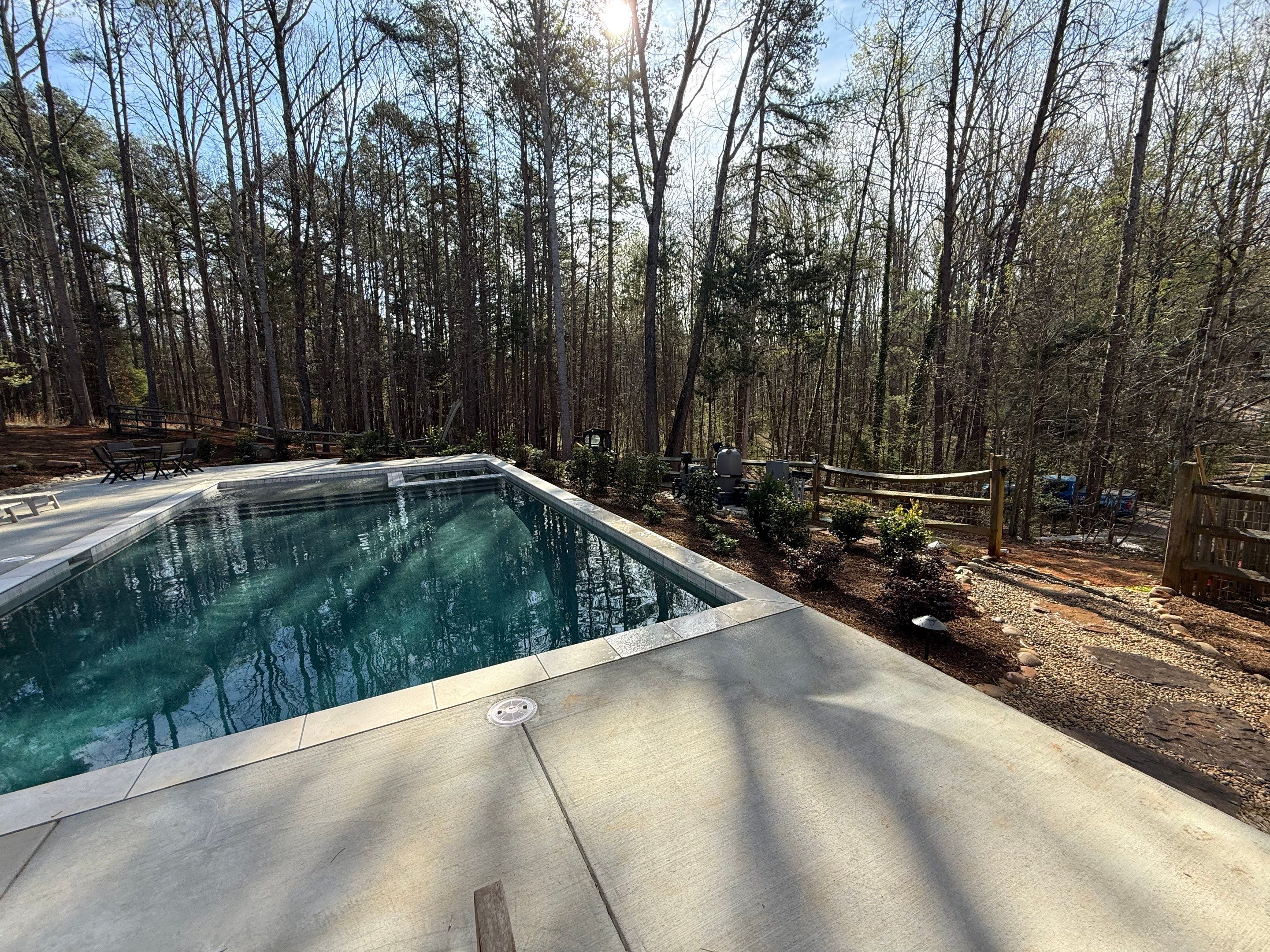 Rectangular concrete pool with tile coping and wooded backyard